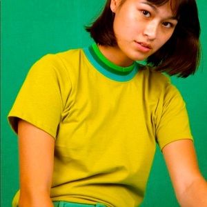 Big Bud Press knitted mock neck tee green gully/ chartreuse.